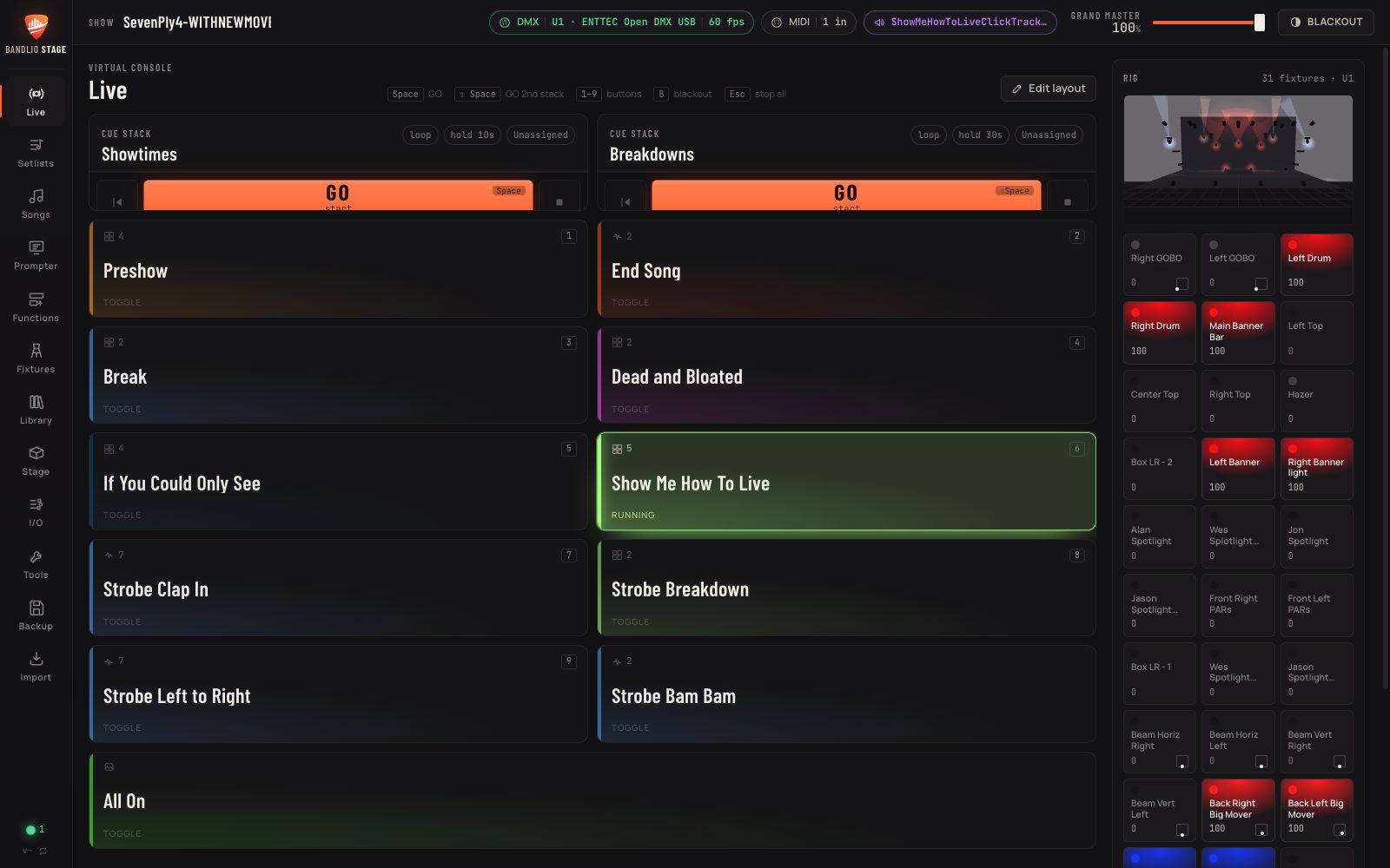 The Live console with song buttons and cue stacks