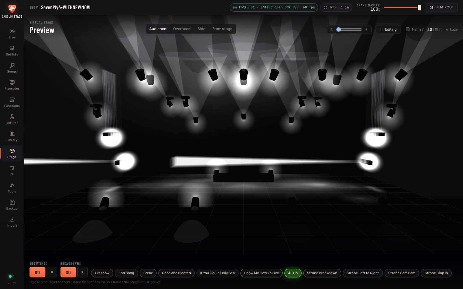 Bandlio Stage's 3D stage preview with every light on